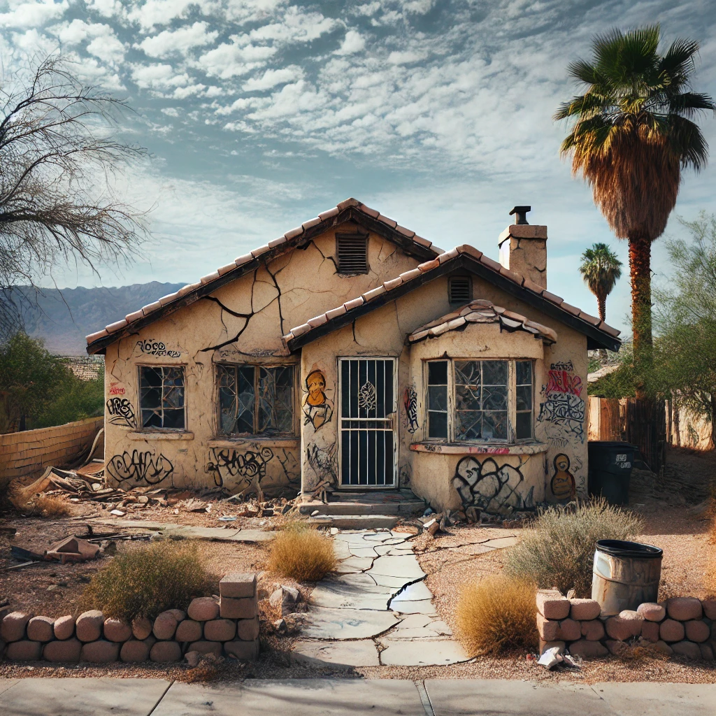 Run-down house in Las Vegas with cracked stucco walls, broken windows, an overgrown desert yard, and a damaged roof.